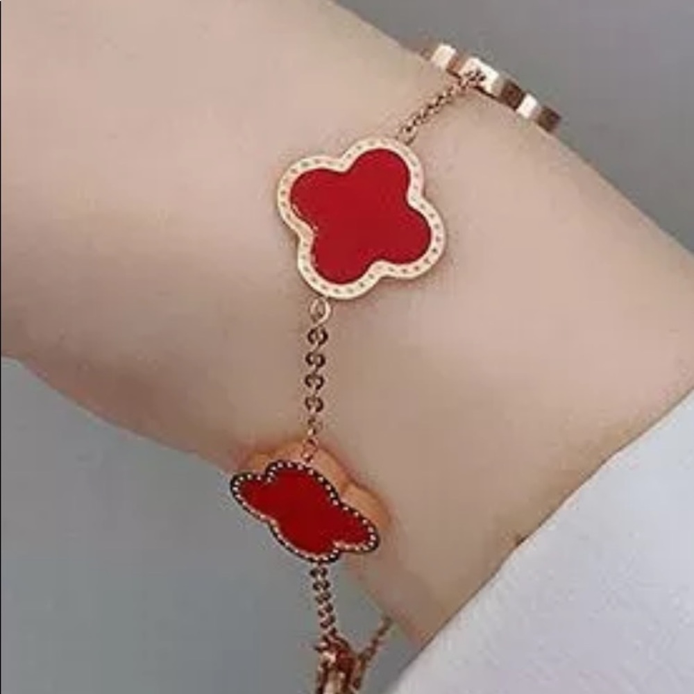 Titanium and 18k Rose Gold Flower Clover  Red Chain Charm Bracelet